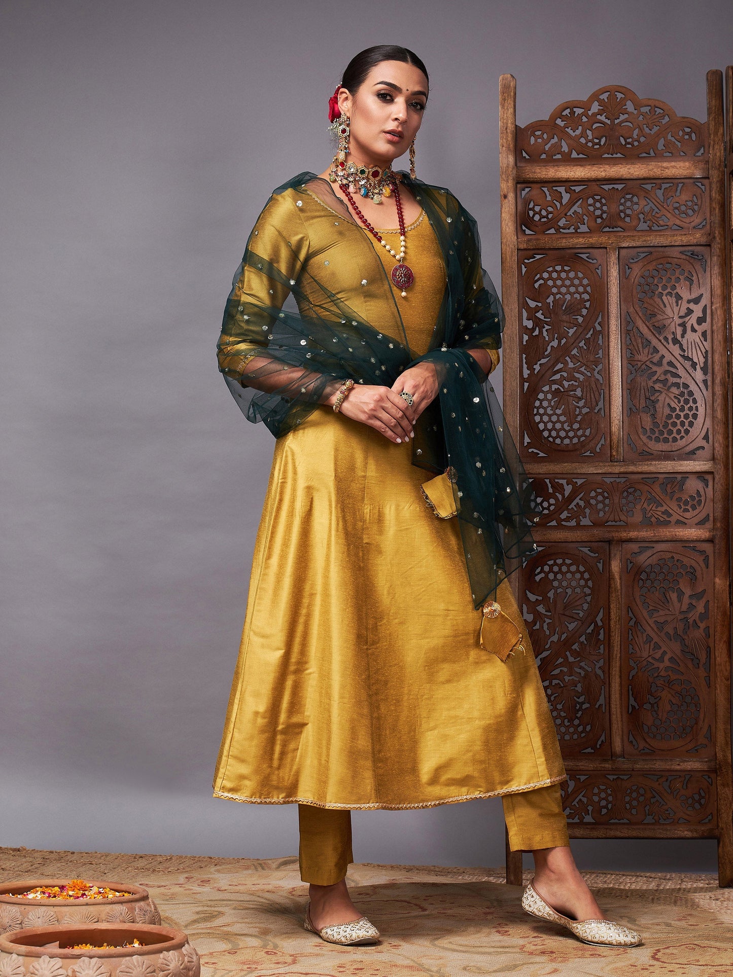 Mustard Kurta Set With Green Net Sequins Dupatta