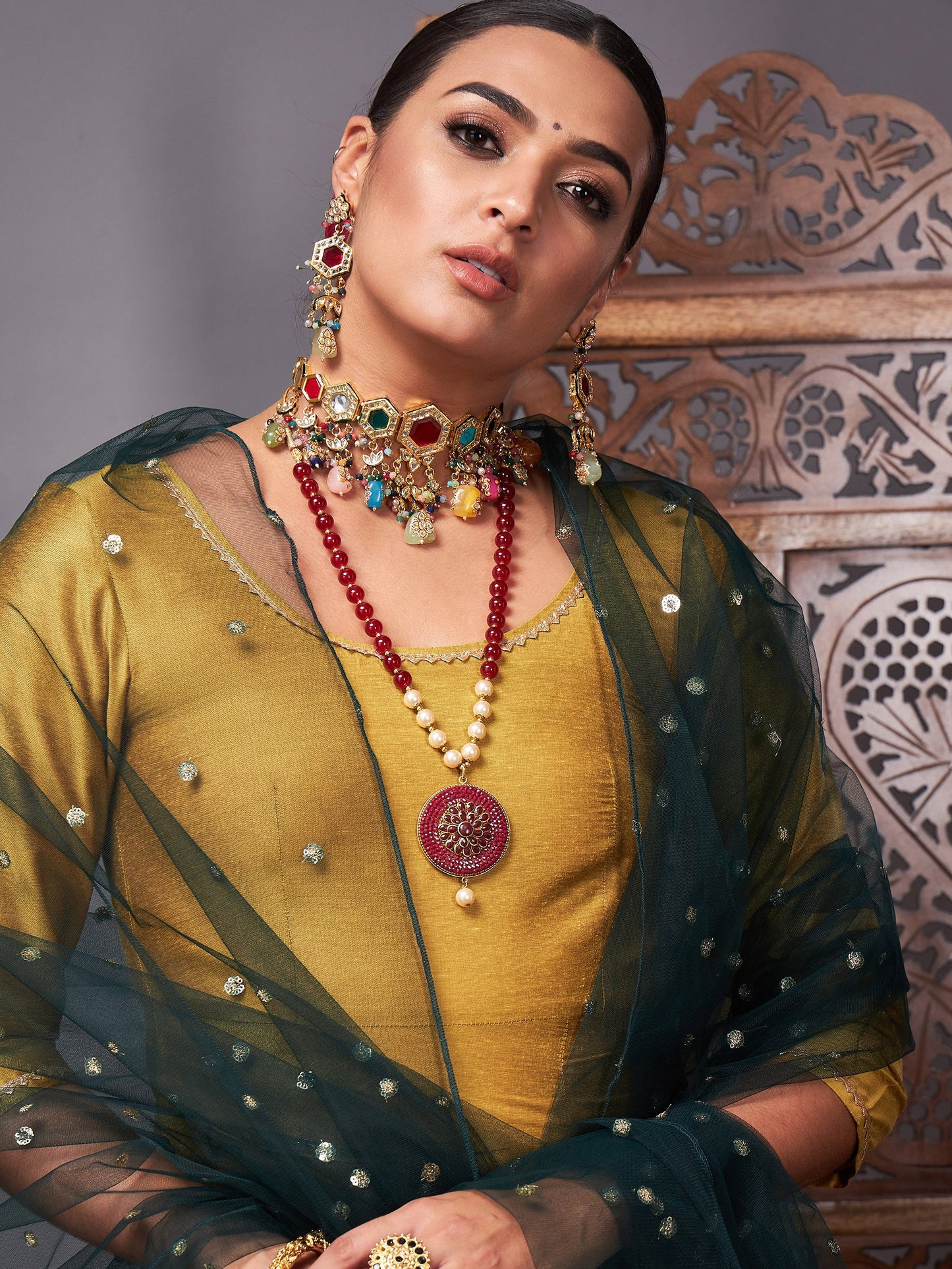 Mustard Kurta Set With Green Net Sequins Dupatta