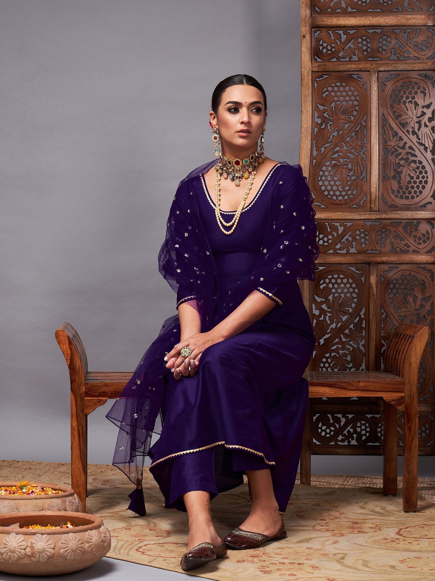 Purple Kurta Set With Net Sequins Dupatta