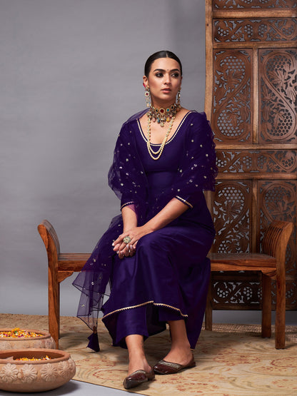 Purple Kurta Set With Net Sequins Dupatta
