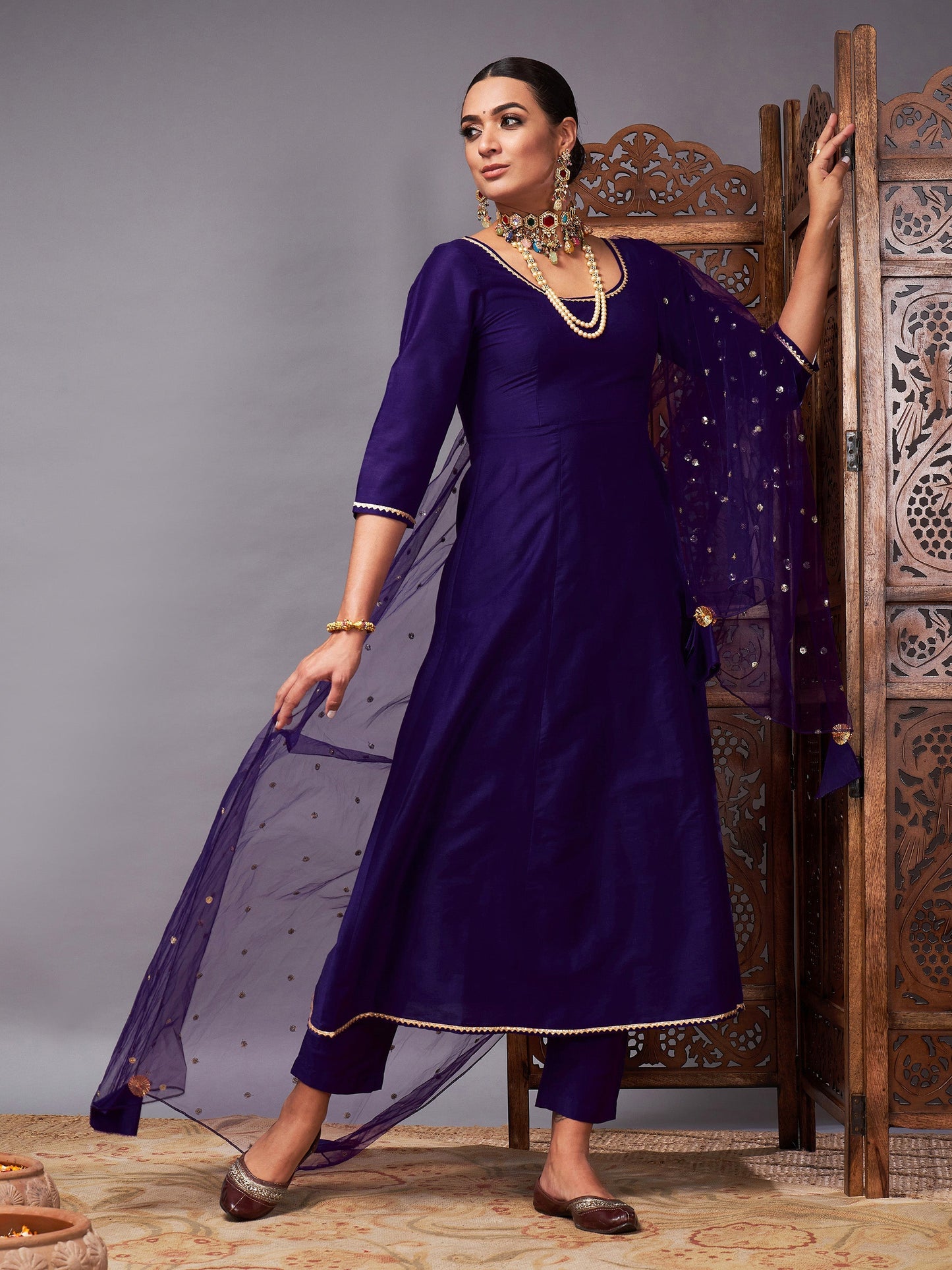 Purple Kurta Set With Net Sequins Dupatta