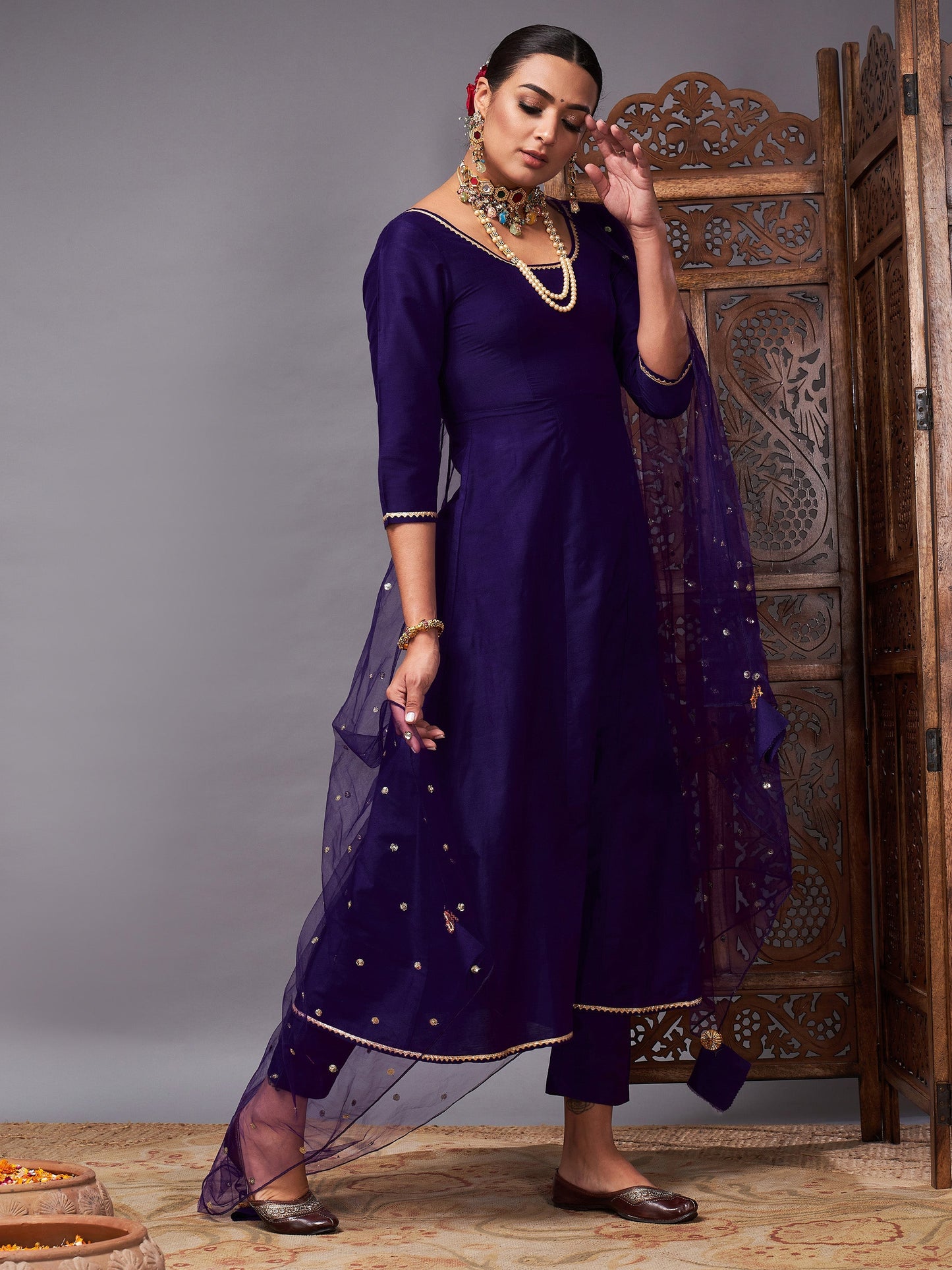 Purple Kurta Set With Net Sequins Dupatta