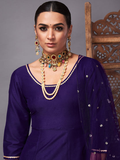Purple Kurta Set With Net Sequins Dupatta