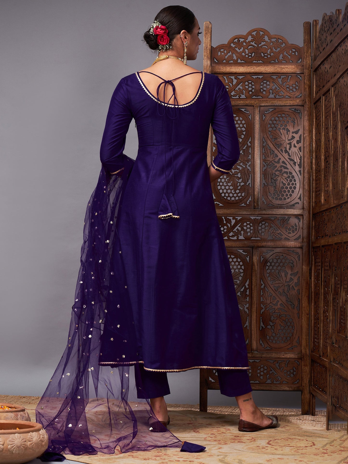 Purple Kurta Set With Net Sequins Dupatta