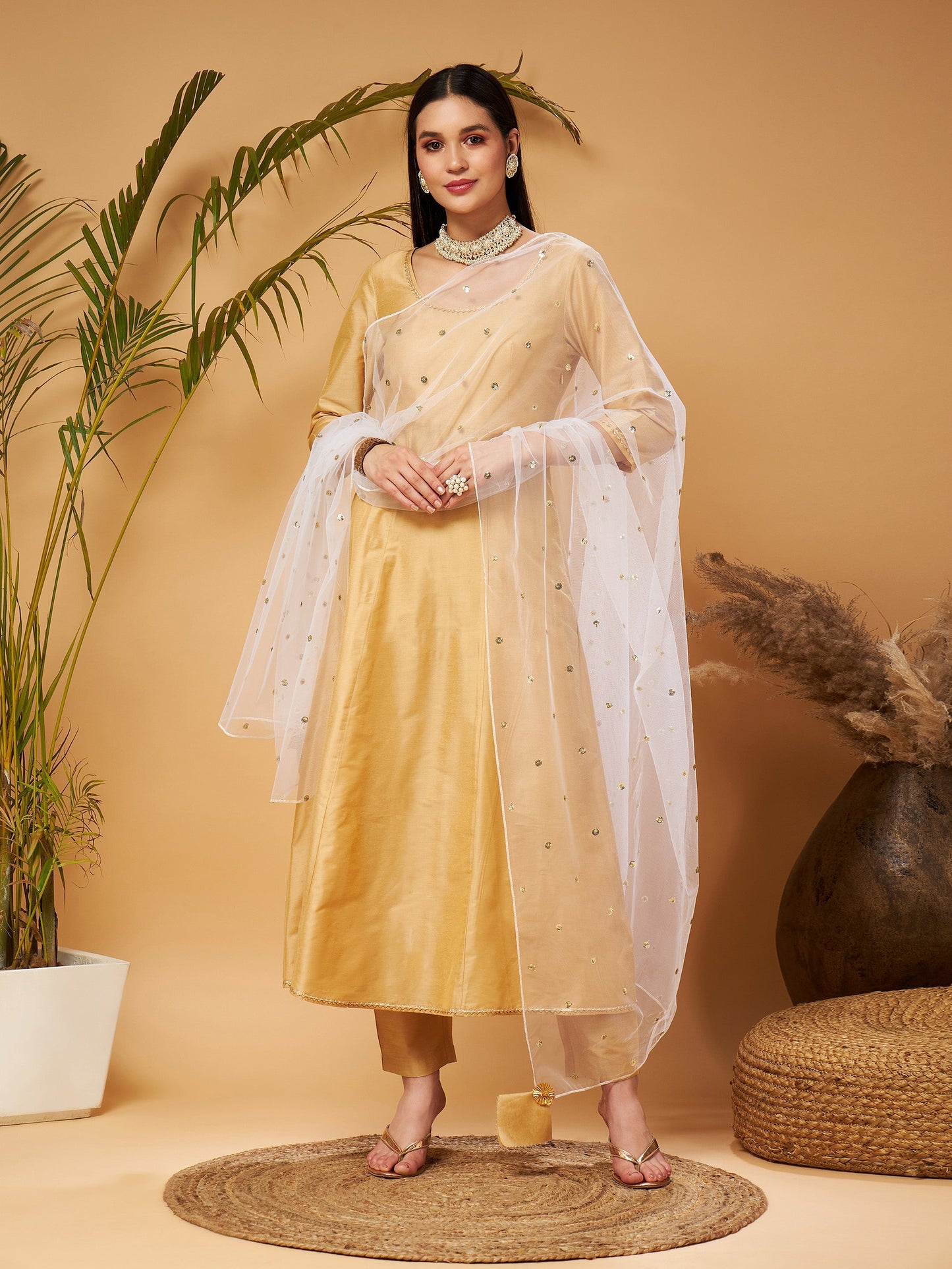 Gold Kurta Set With White Net Sequins Dupatta