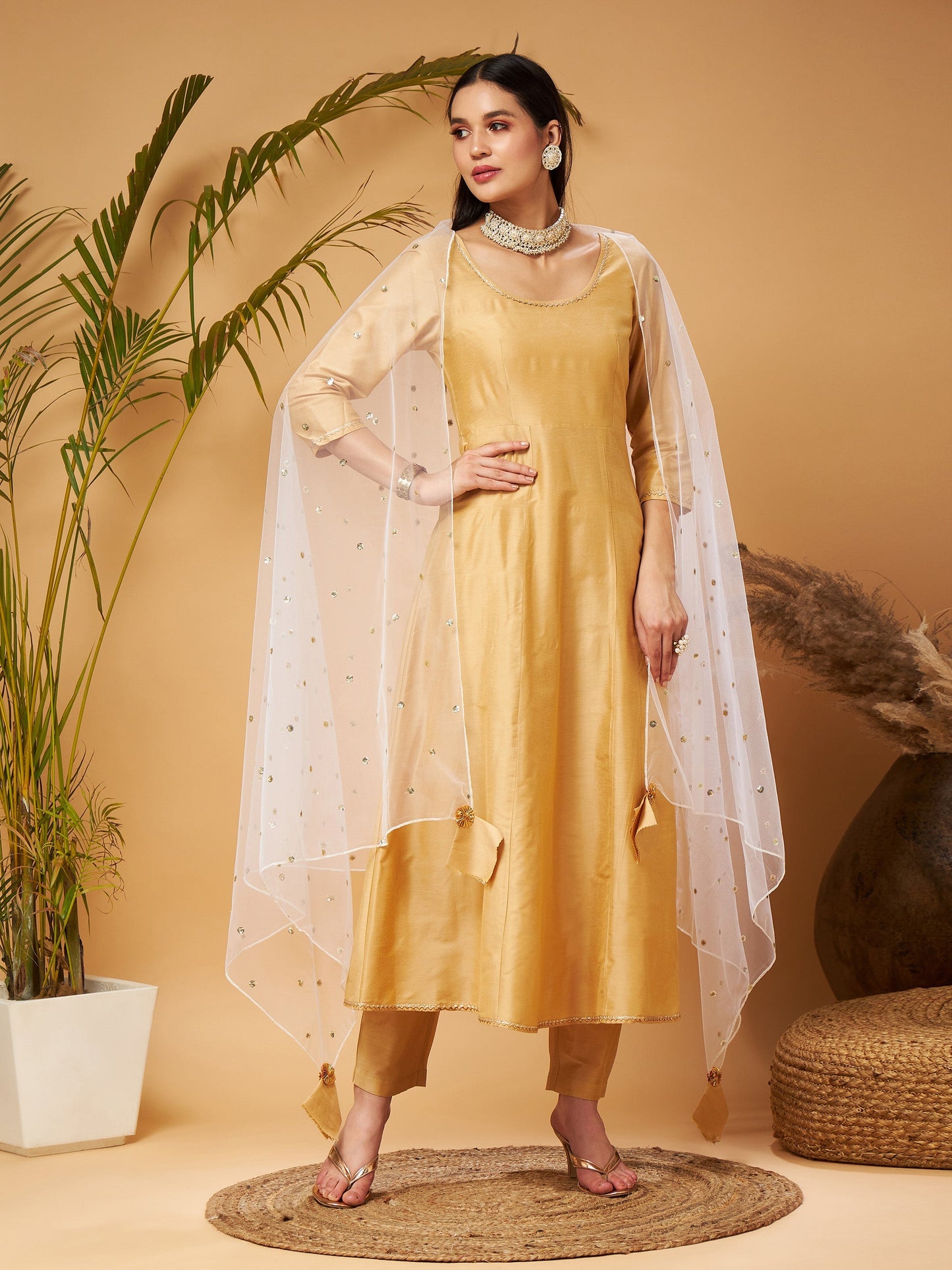 Gold Kurta Set With White Net Sequins Dupatta