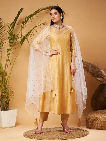 Gold Kurta Set With White Net Sequins Dupatta