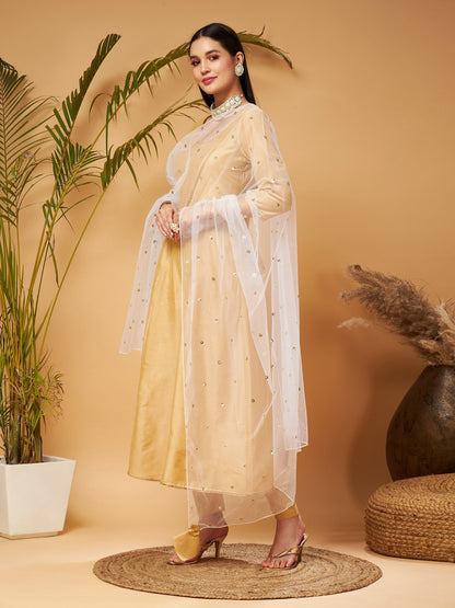 Gold Kurta Set With White Net Sequins Dupatta