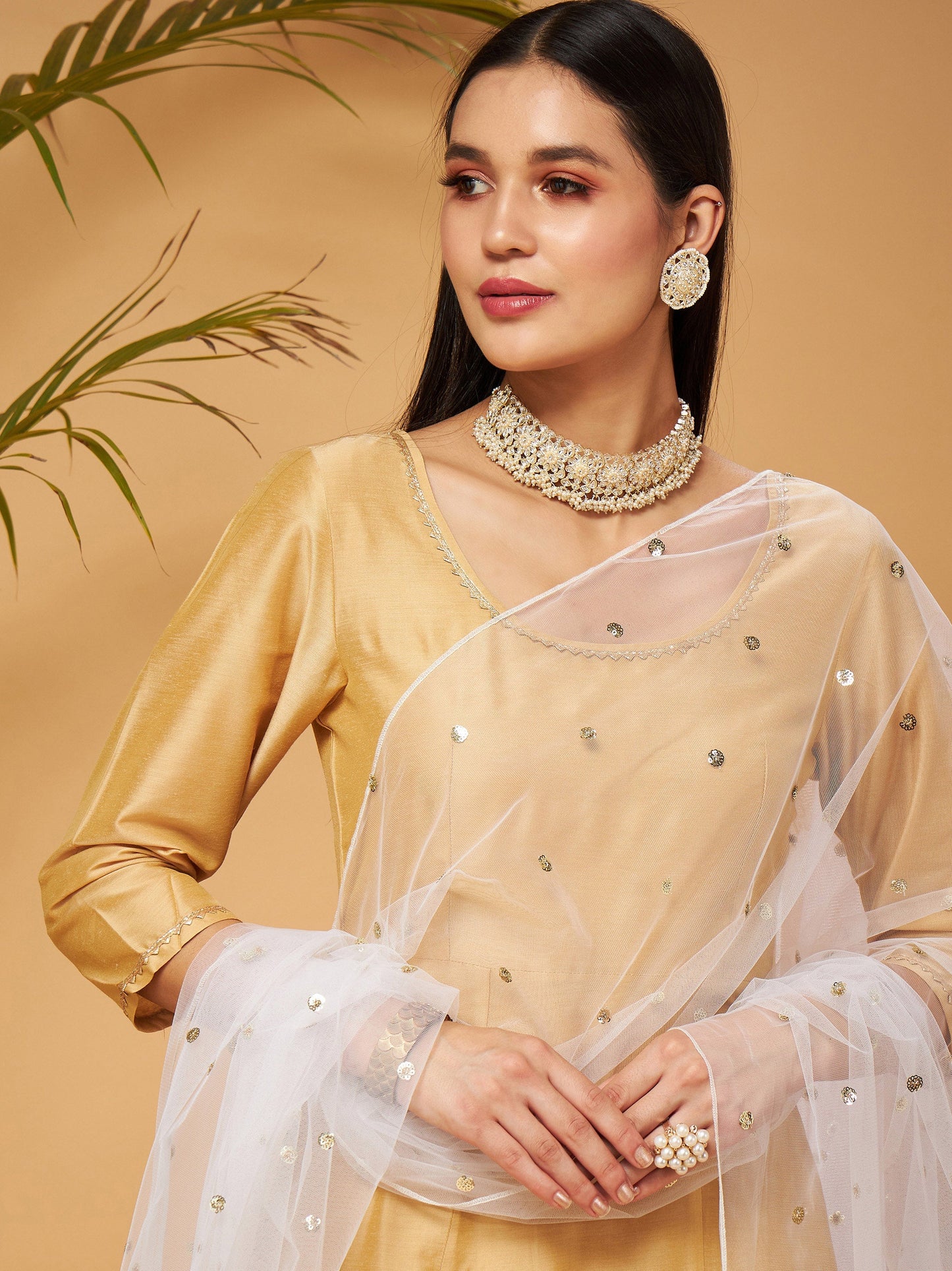 Gold Kurta Set With White Net Sequins Dupatta