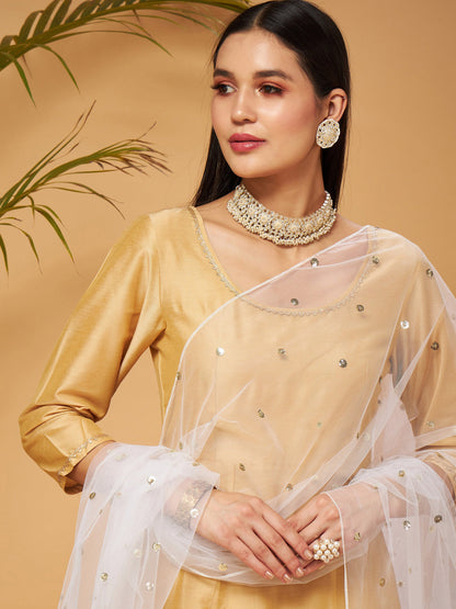 Gold Kurta Set With White Net Sequins Dupatta