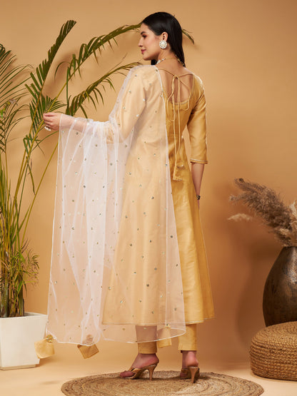 Gold Kurta Set With White Net Sequins Dupatta