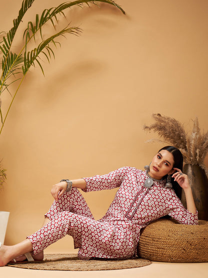 White Floral Neck Band Kurta With Pants