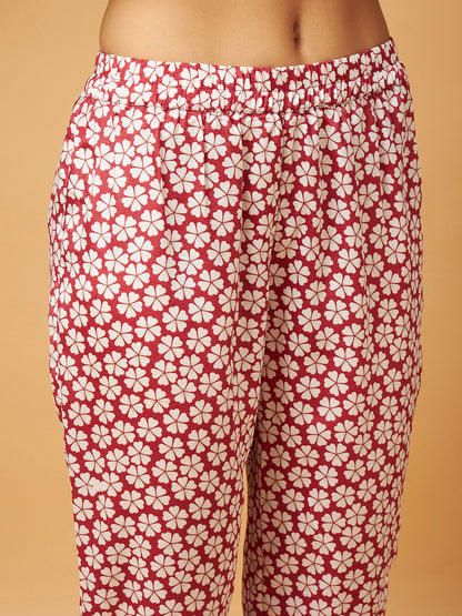 White Floral Neck Band Kurta With Pants