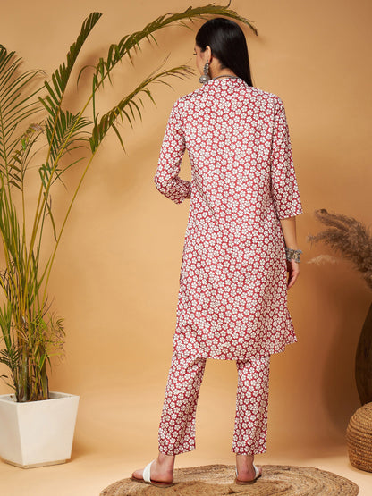 White Floral Neck Band Kurta With Pants