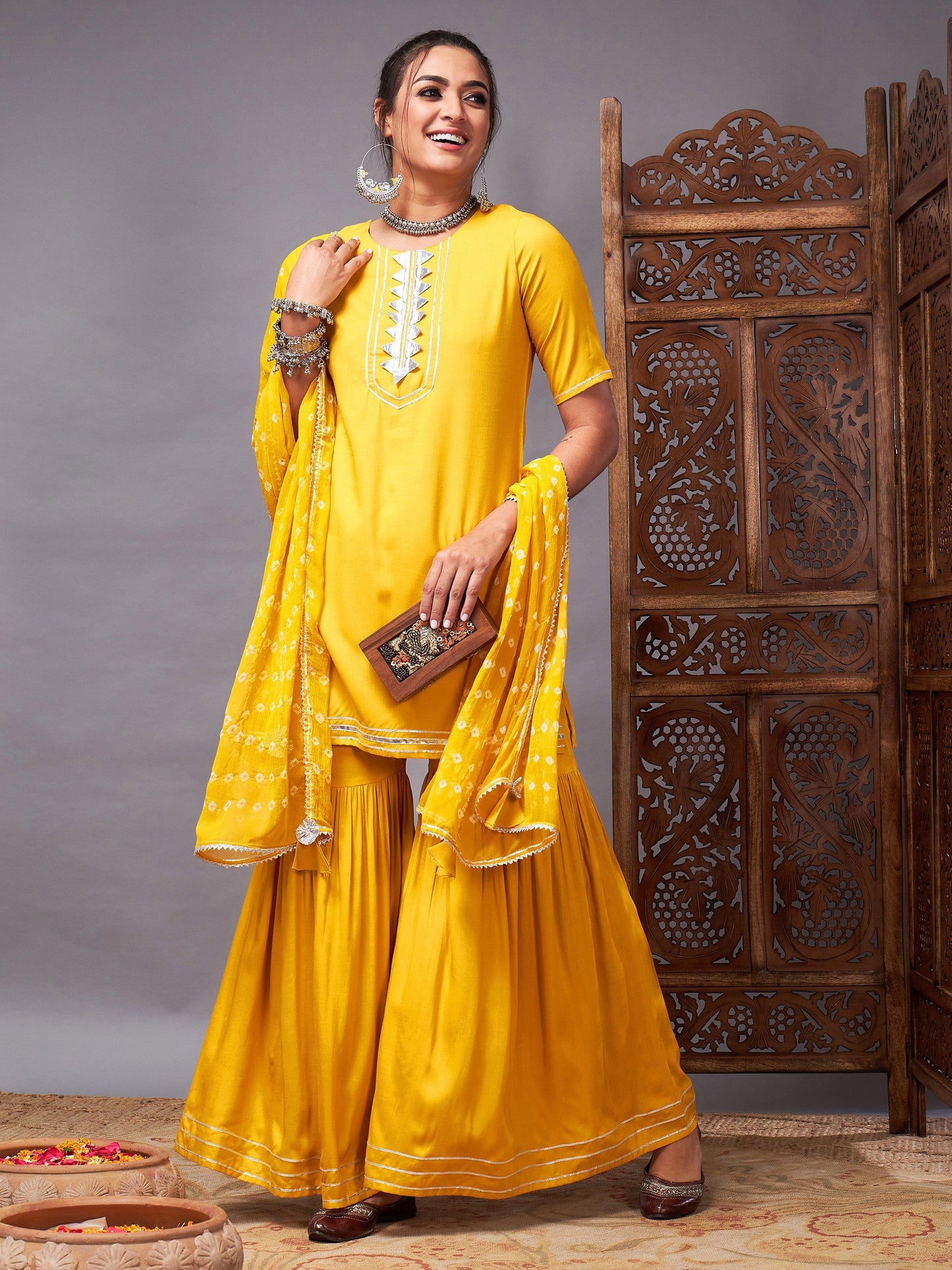 Mustard Short Kurta With Sharara & Bandhej Dupatta