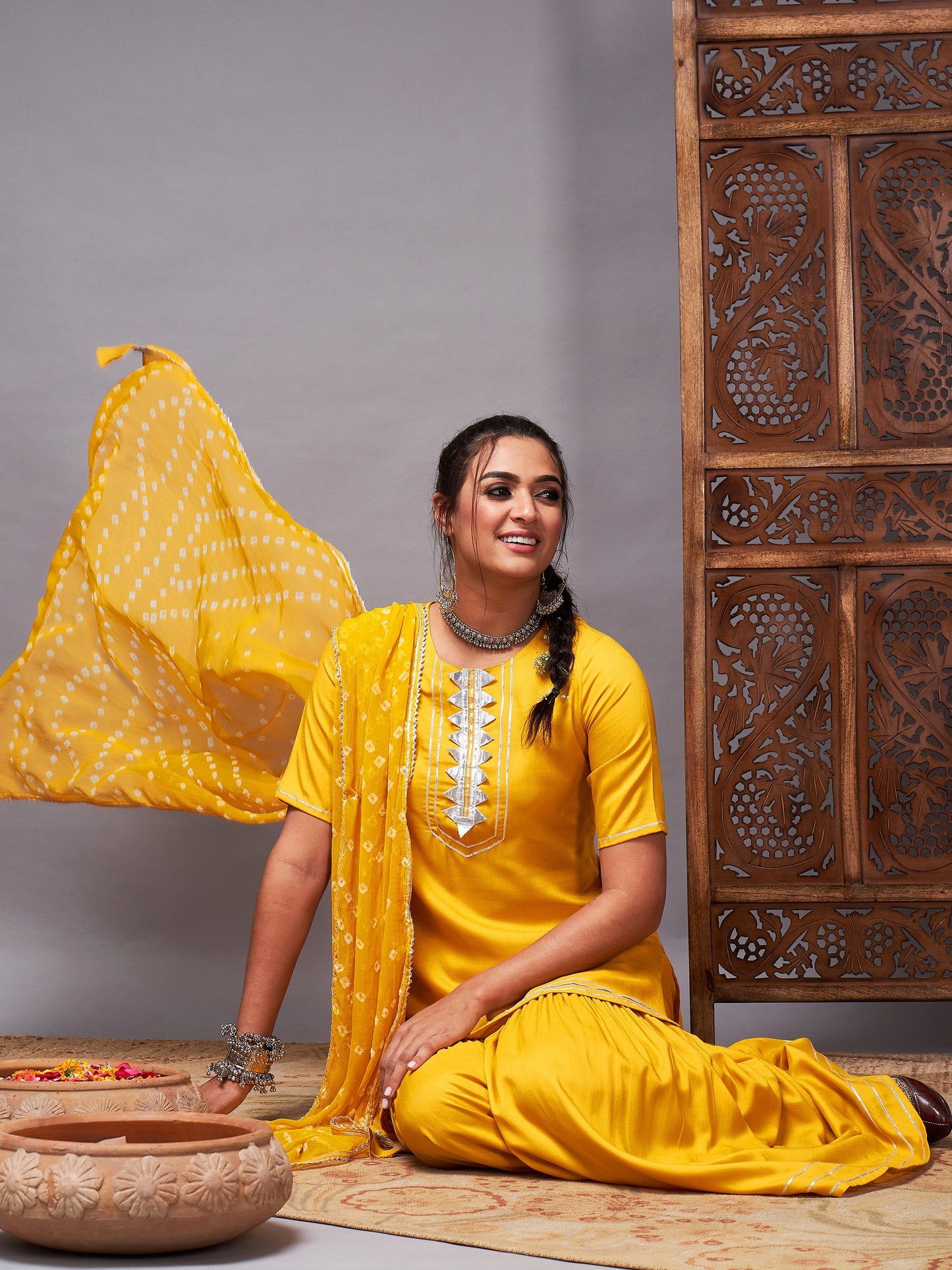 Mustard Short Kurta With Sharara & Bandhej Dupatta