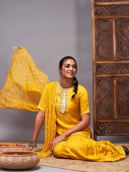 Mustard Short Kurta With Sharara & Bandhej Dupatta