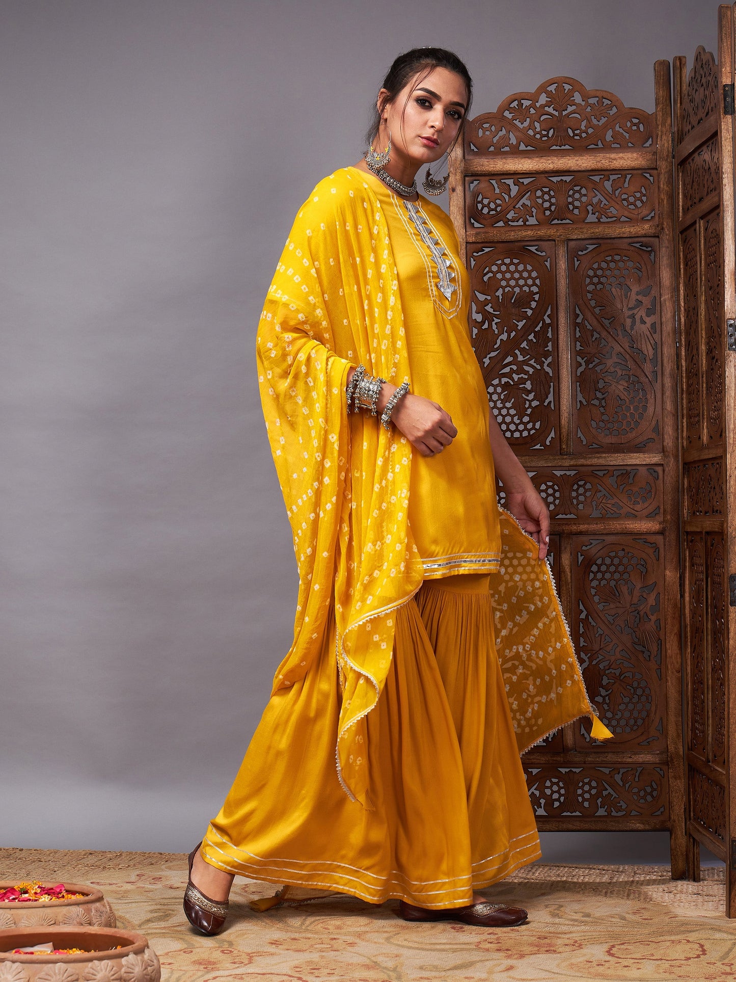 Mustard Short Kurta With Sharara & Bandhej Dupatta