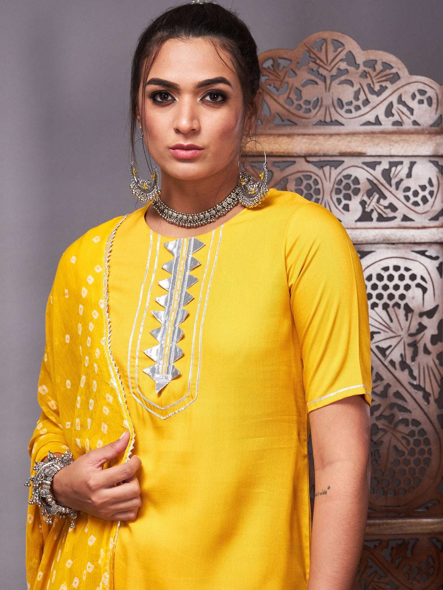 Mustard Short Kurta With Sharara & Bandhej Dupatta