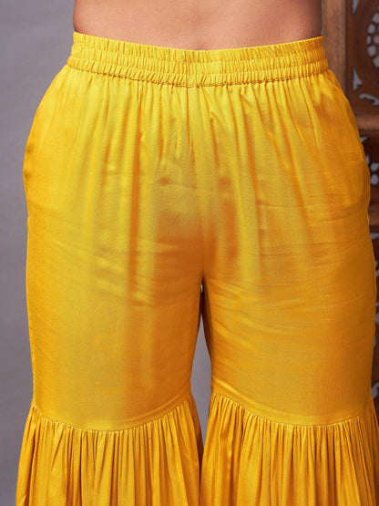 Mustard Short Kurta With Sharara & Bandhej Dupatta