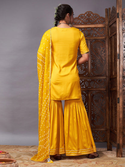 Mustard Short Kurta With Sharara & Bandhej Dupatta
