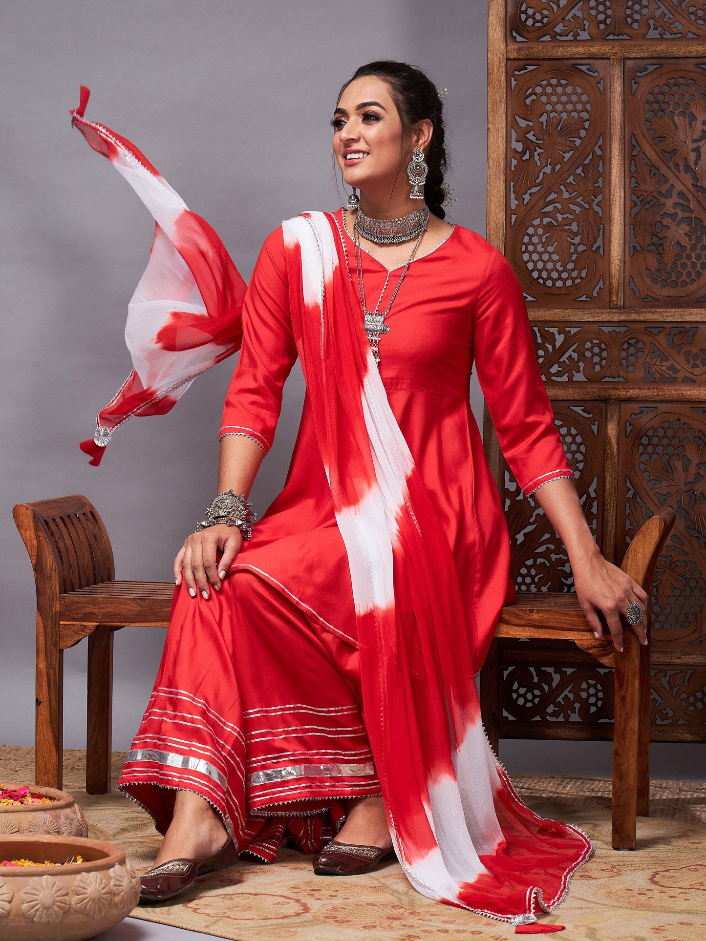 Red Short Kurta With Sharara & Lehariya Dupatta