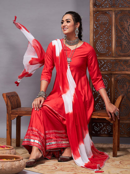 Red Short Kurta With Sharara & Lehariya Dupatta