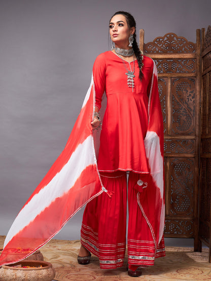 Red Short Kurta With Sharara & Lehariya Dupatta