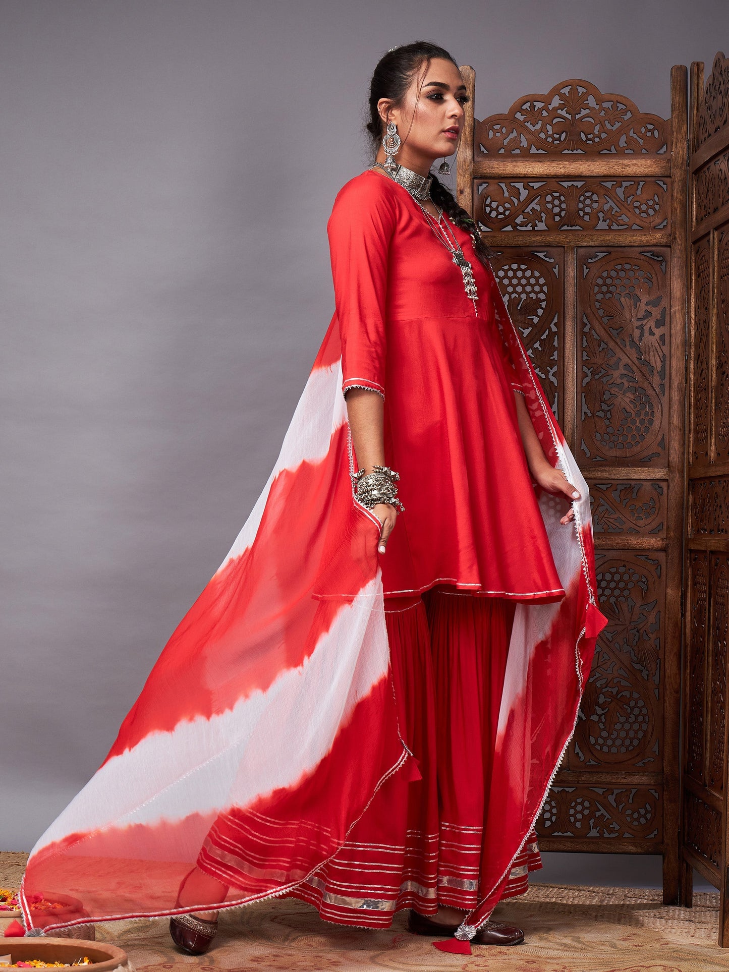 Red Short Kurta With Sharara & Lehariya Dupatta