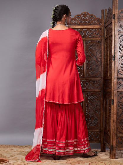 Red Short Kurta With Sharara & Lehariya Dupatta
