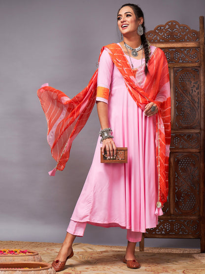 Pink Kurta Set With Orange Lehariya Dupatta