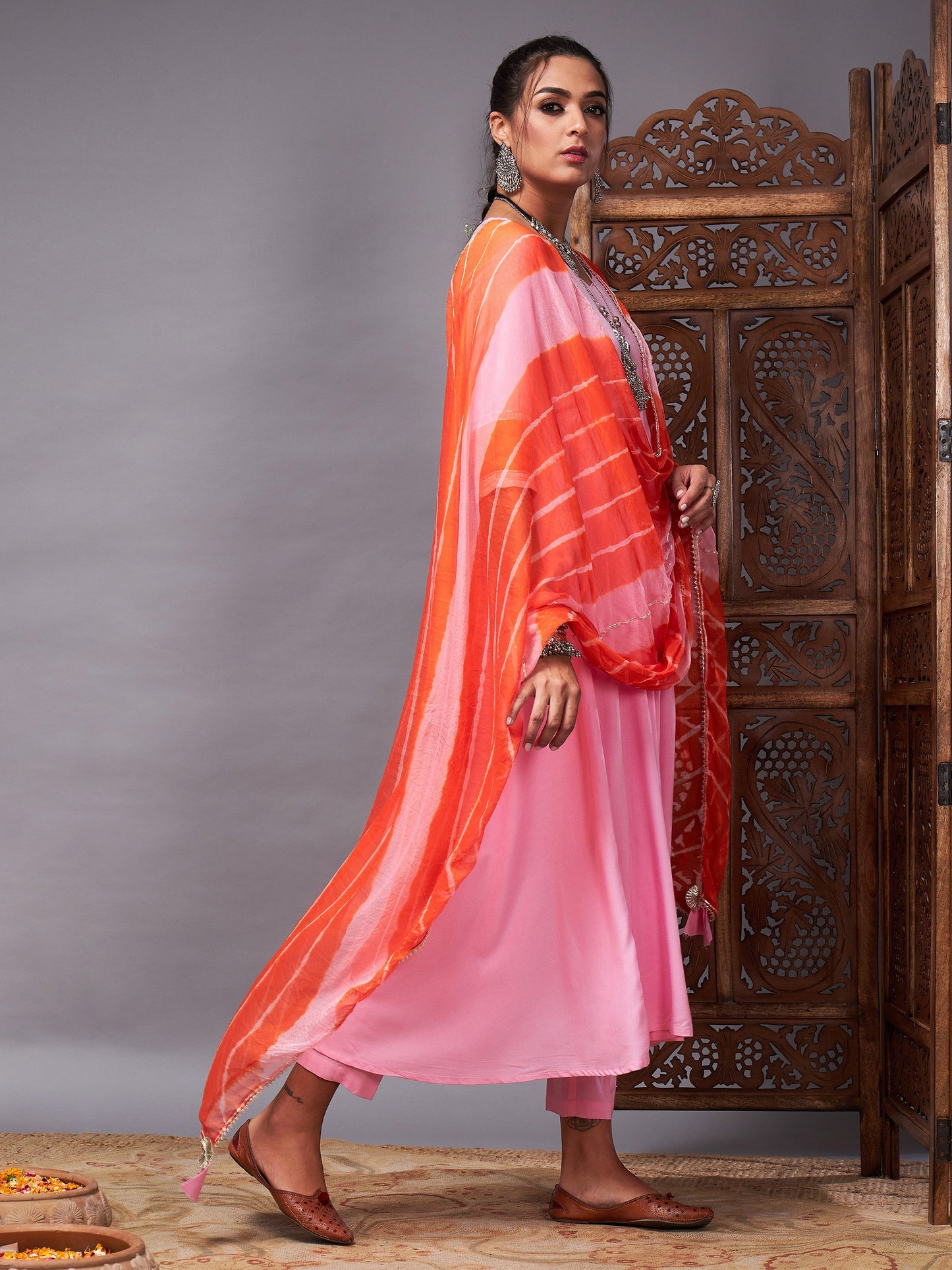 Pink Kurta Set With Orange Lehariya Dupatta