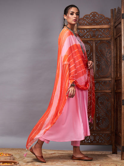 Pink Kurta Set With Orange Lehariya Dupatta