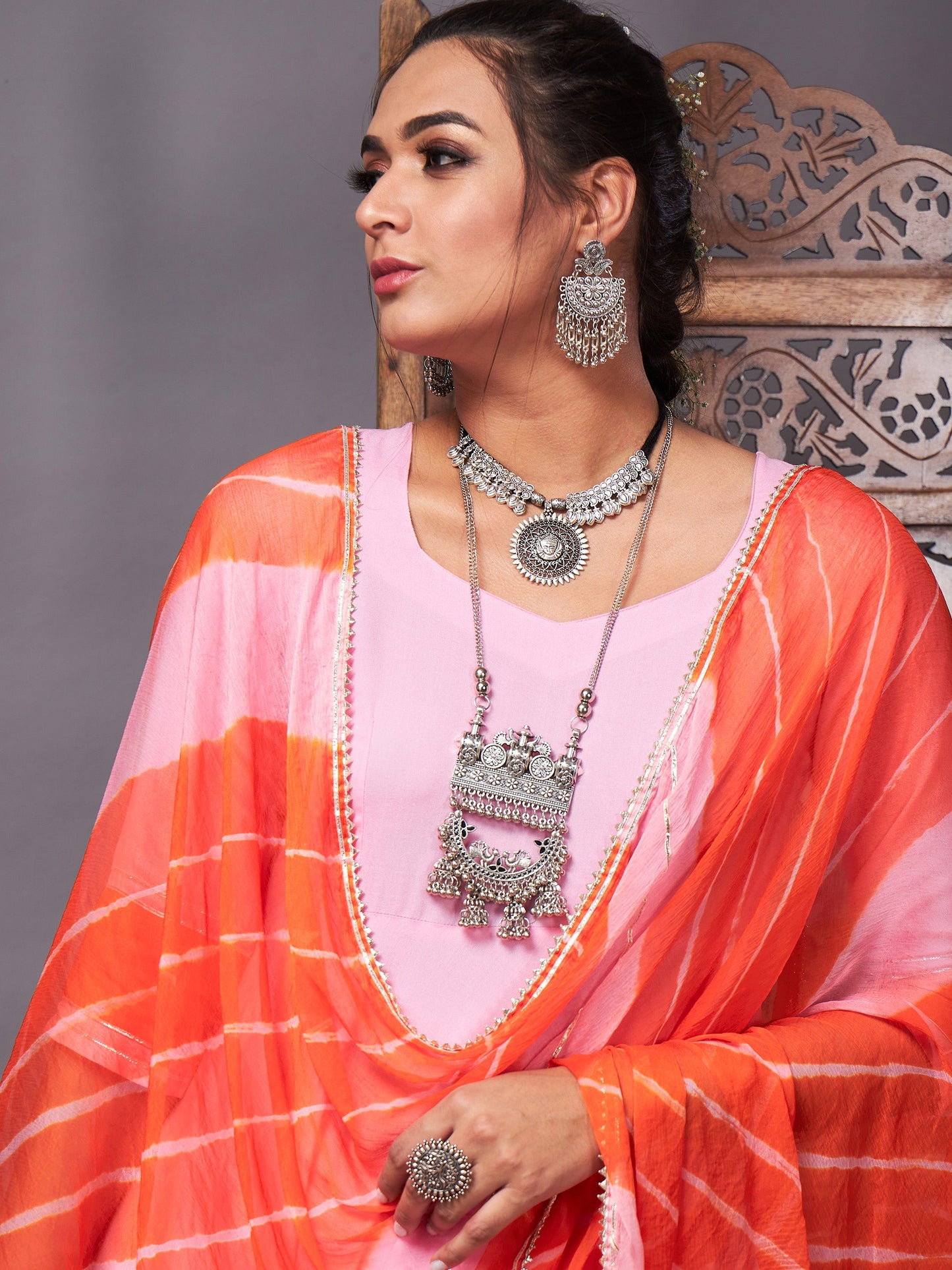 Pink Kurta Set With Orange Lehariya Dupatta