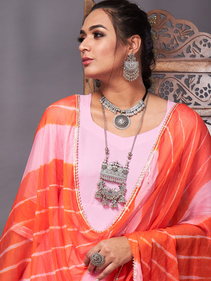 Pink Kurta Set With Orange Lehariya Dupatta