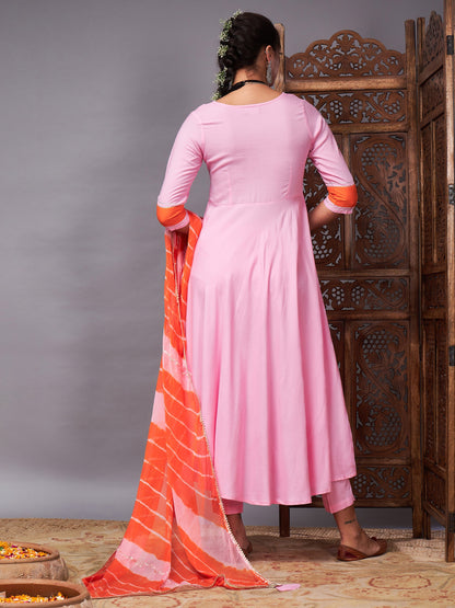 Pink Kurta Set With Orange Lehariya Dupatta