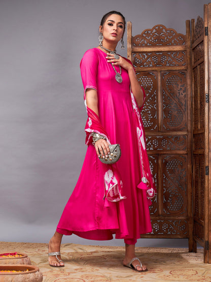Fuchsia Kurta Set With Bandhej Dupatta