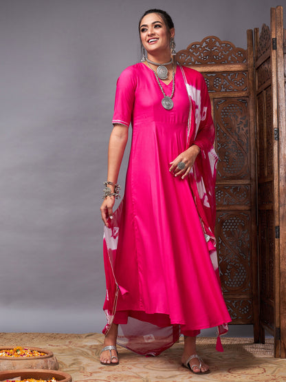 Fuchsia Kurta Set With Bandhej Dupatta