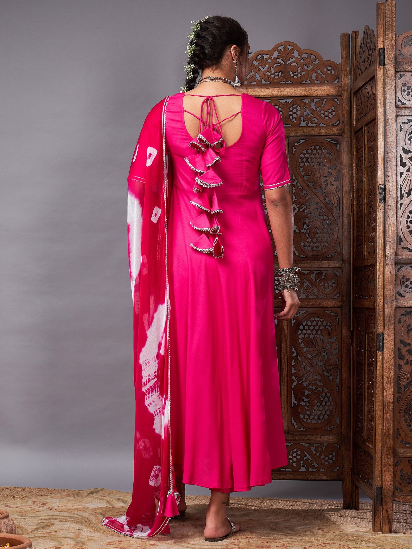 Fuchsia Kurta Set With Bandhej Dupatta