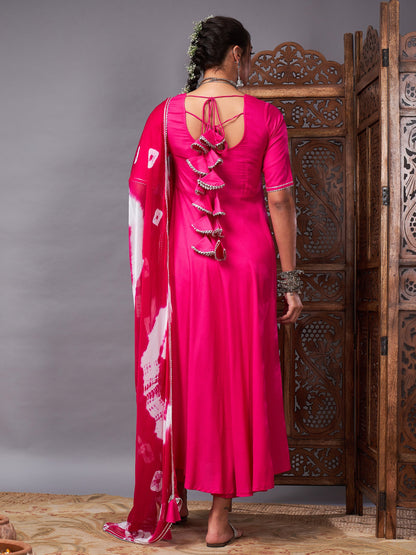 Fuchsia Kurta Set With Bandhej Dupatta