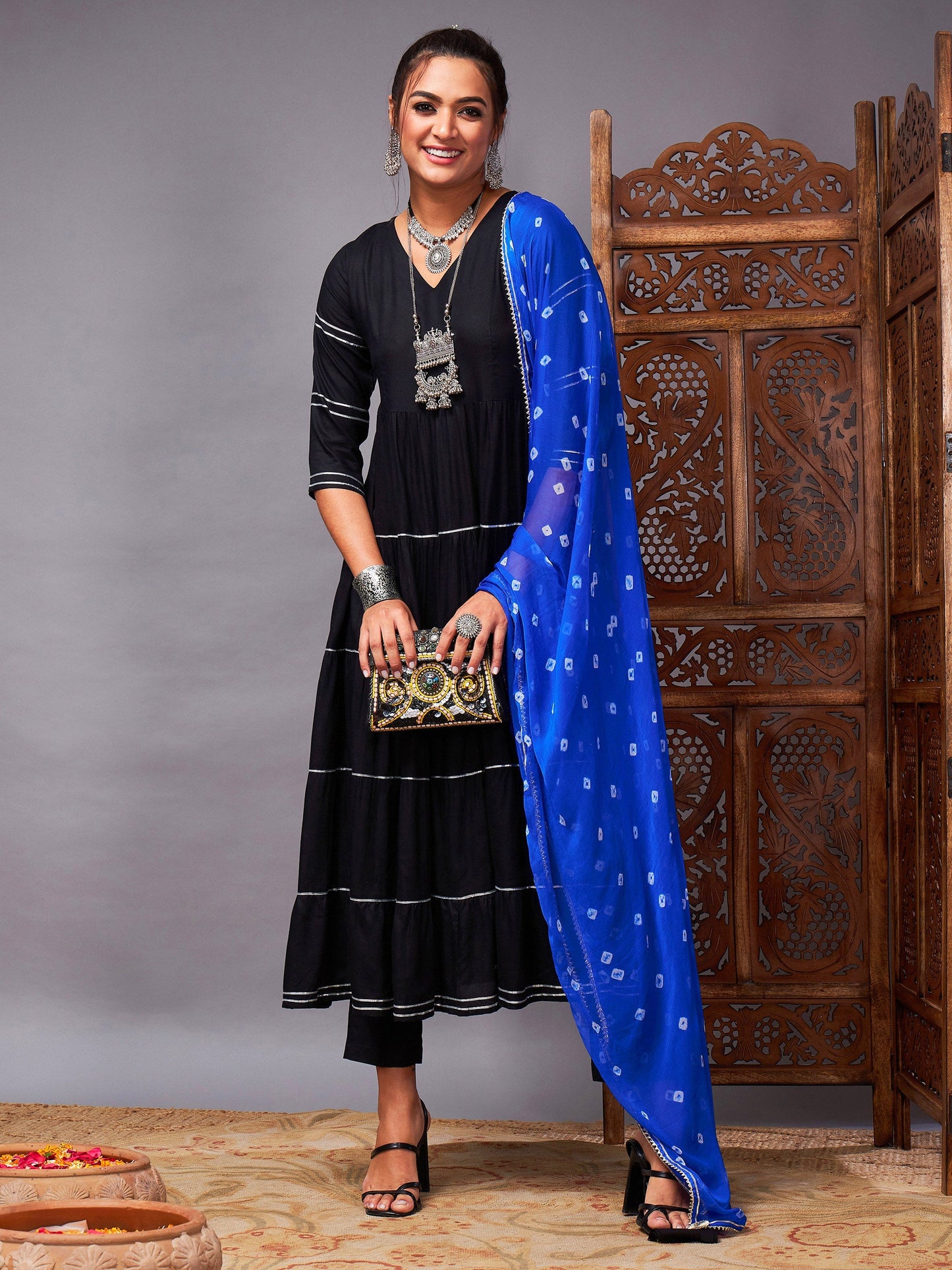 Black Tiered Kurta Set With Blue Bandhej Dupatta
