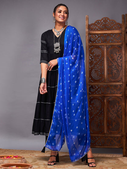 Black Tiered Kurta Set With Blue Bandhej Dupatta