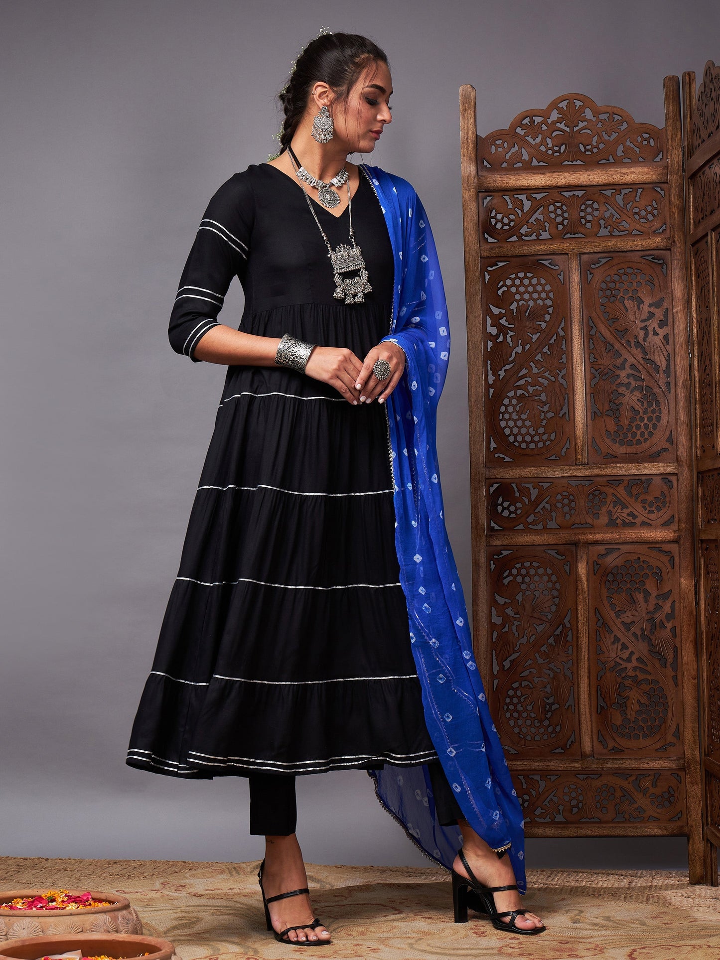 Black Tiered Kurta Set With Blue Bandhej Dupatta