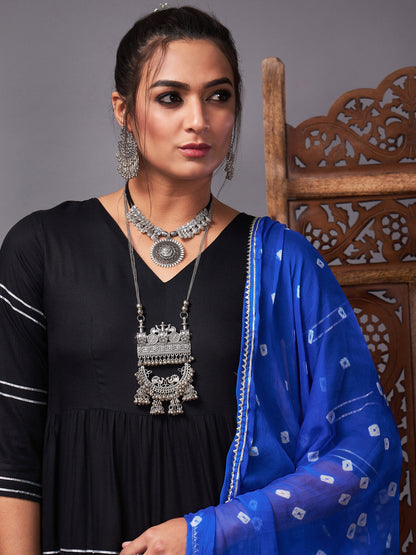 Black Tiered Kurta Set With Blue Bandhej Dupatta
