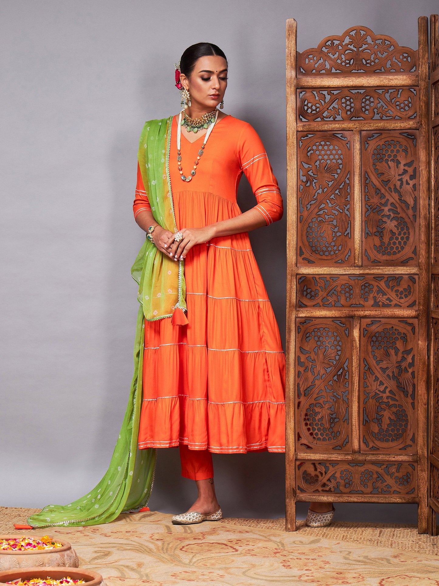 Orange Tiered Kurta Set With Green Bandhej Dupatta