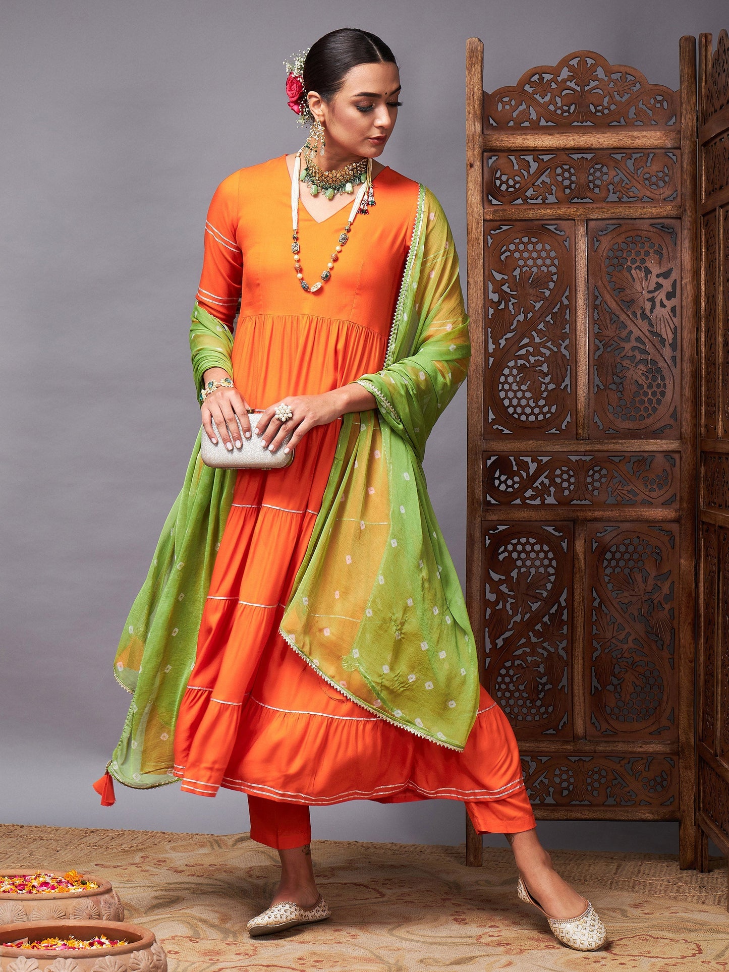 Orange Tiered Kurta Set With Green Bandhej Dupatta