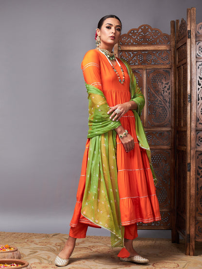 Orange Tiered Kurta Set With Green Bandhej Dupatta