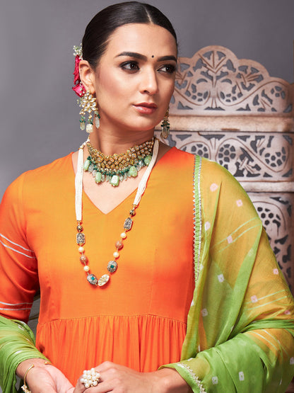 Orange Tiered Kurta Set With Green Bandhej Dupatta