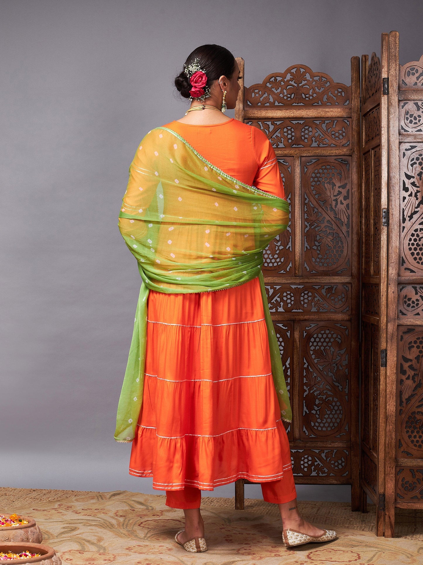 Orange Tiered Kurta Set With Green Bandhej Dupatta