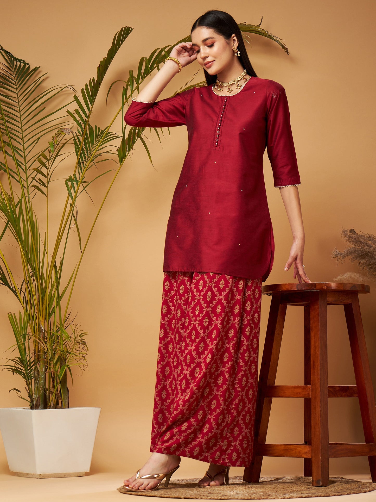 Maroon Short Kurta With Printed Flared Palazzos